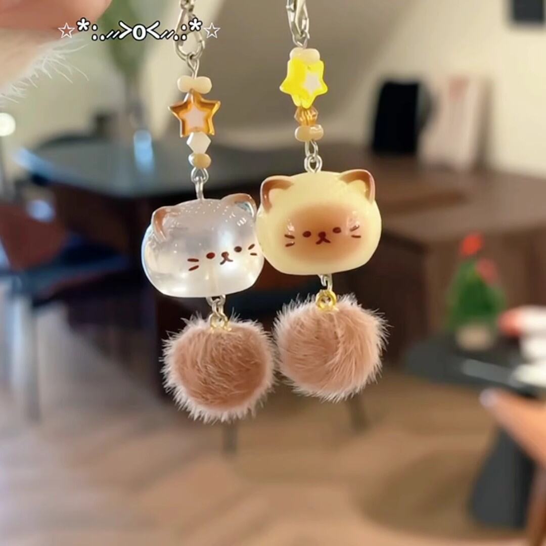 Cute Plush Cat Phone Chain Creative Cartoon Bag Pendant School Bag Best Friend Birthday Gift Small Soft round Resin Keychain