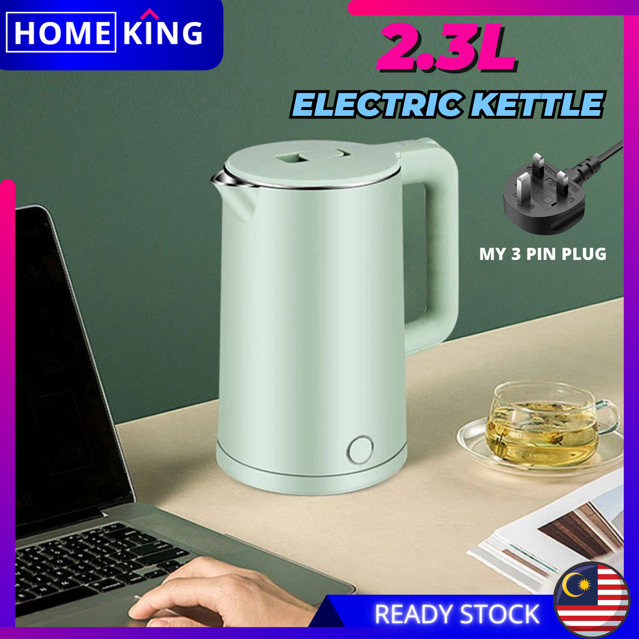 HOMEKING | 2.3L Electric Kettle Stainless Steel Cerek Elektrik 1500W Electric Jug Kettle Stainless Steel Mini Kettle Electric Jug