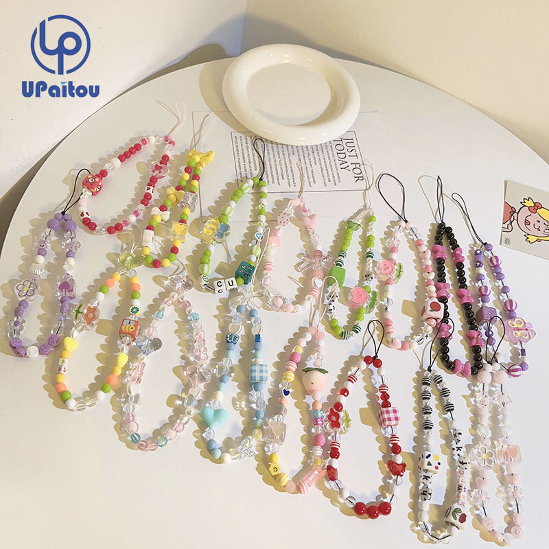 Upaitou Case For Mobile Phone Case Chain Cute Multiple Styles Candy Color Anti-Lost Soft Pottery Lanyard Pearl Acrylic Bead Colorful Portable Wrist Strap Rope Pendant