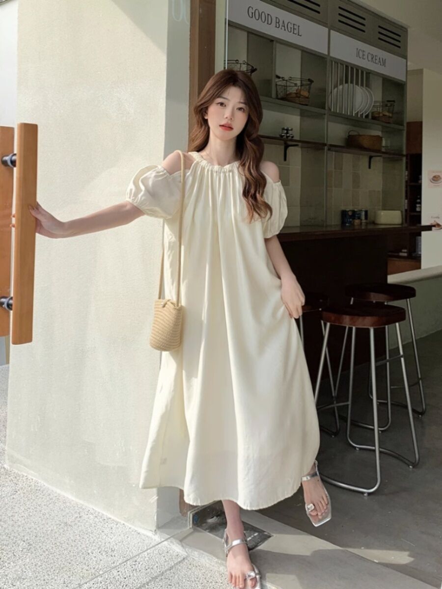 Summer 2024 Women's Off-Shoulder Strap Dress French Elegance Bubble Sleeve Long Skirt A-Line Single Piece Other Material 100%