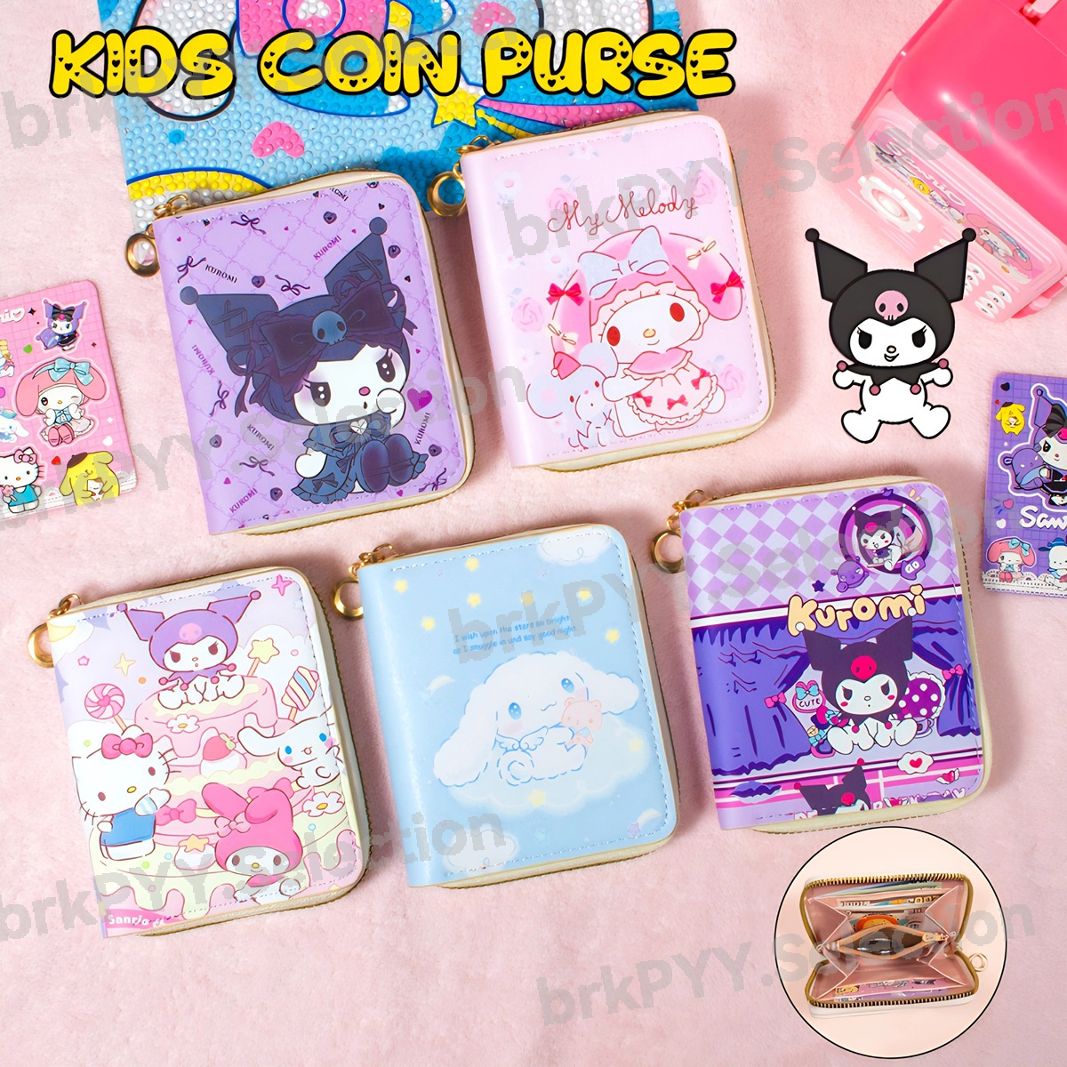 Kuromi Wallet Girl Sanrio Melody Cinnamoroll Coin Purse Mini Zip Short Wallet For Kids Card Holder Birthday Gift Budak Perempuan