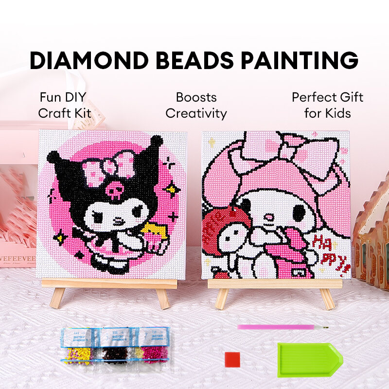 Kuromi DIY Diamond Beads Painting Kids Cute Cartoon Sanrio Melody Handmade Craft Toys Painting with Frame For Kids