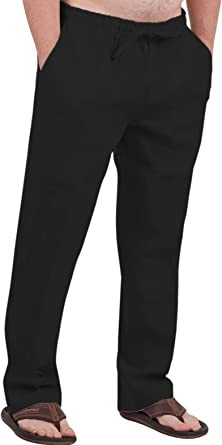 MATEAM Men's Casual Cotton Linen Drawstring Pants Breathable Summer Beach Pants