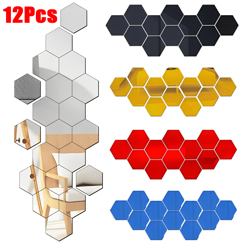 12Pcs 3D Mirror Wall Sticker Hexagon Acrylic Self Adhesive Mosaic Tile Decals Removable DIY Home Decor Art Mirror