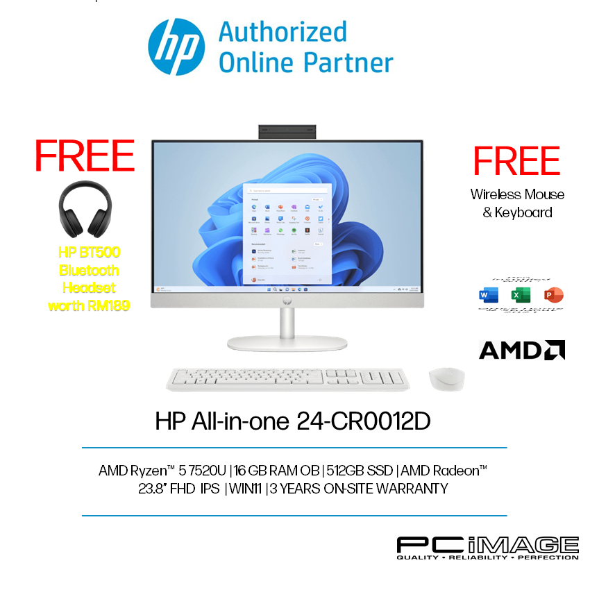 HP AIO 24-CR0012D / 24-CR0147D R5-7520U (MENDOCINO)/16GB LPDDR5 5500 (OB)/512GB SSD/UMA/23.8" /W11H/3Y3D/WHITE (WIRELESS KB+M)