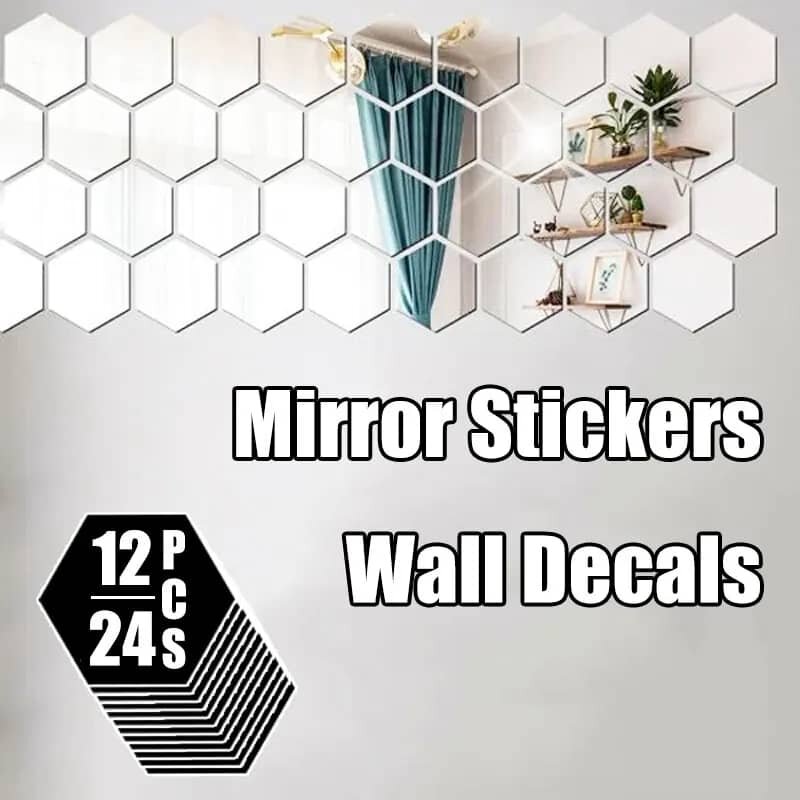 12pcs/24pcs Cermin Hexagon 8cm Hiasan Dinding Mirror Hexagon Wall Decor