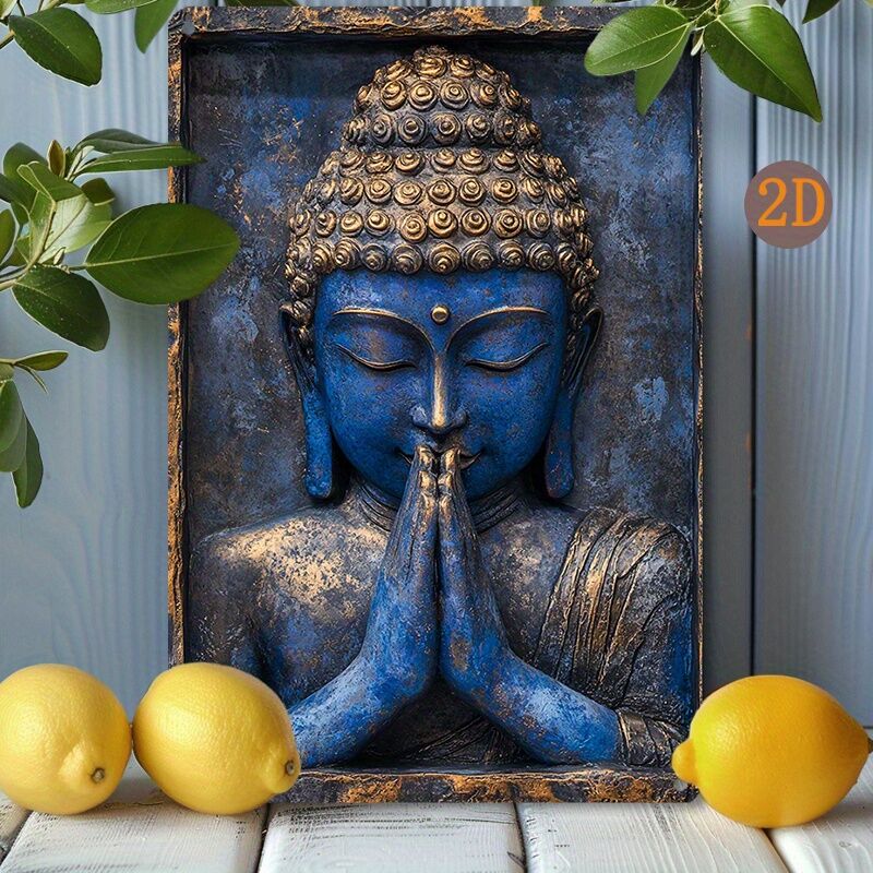 Blue Buddha Statue with Hands Folded in Prayer, Vintage Aluminum Sign for Yacht Decoration, Living Room, Gym - 1pc 8x12inch