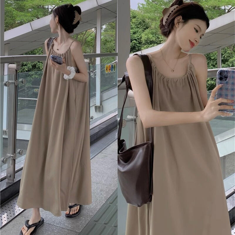 Summer Tea Break Forest System Strap Dress Fairy Dandelion Beach Vacation Beach Casual Long Dress with Pocket A-Line Skirt