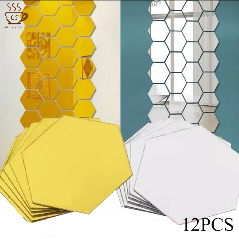 12Pcs 3D Mirror Wall Stickers Hexagon Shape Acrylic Removable Wall Sticker Decal DIY Home Decoration Art Mirror Ornaments