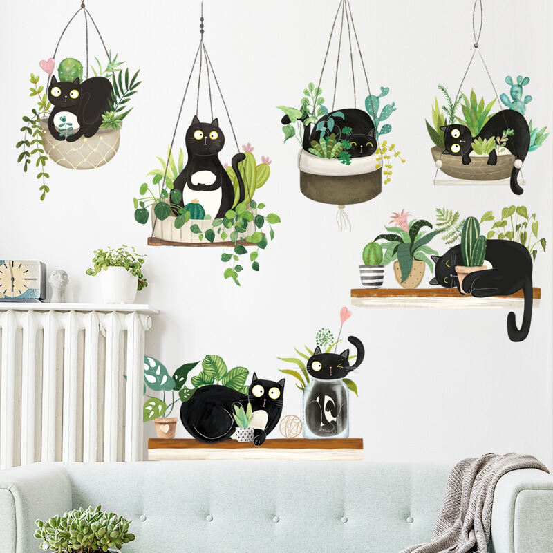 Creative Black Cat Wall Stickers Hanging Basket Home Decor Decal for Living Room Bedroom Nursery Background Posters DIY Mural