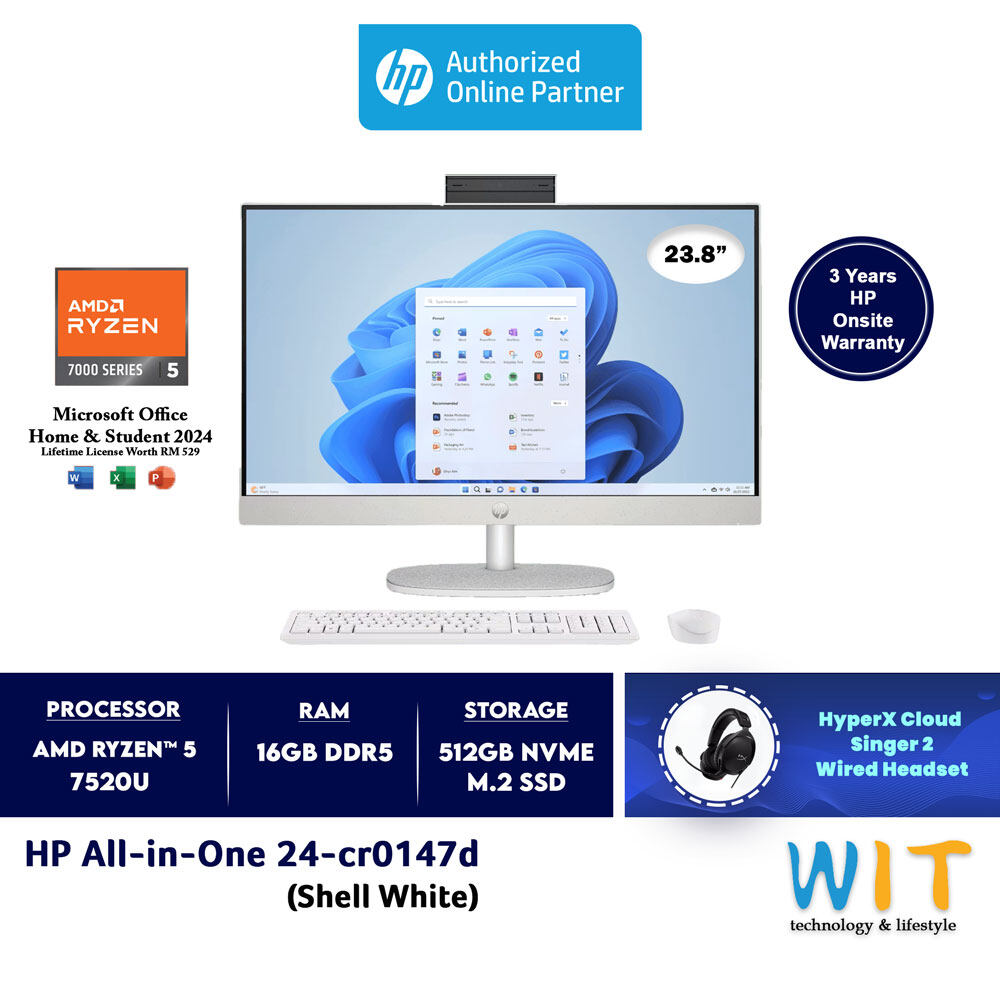 HP AIO 24-CR0147d (AMD Ryzen 5 7520U/16GB RAM/512GB SSD/23.8" FHD IPS/Office 2024/W11/3 Years Onsite Warranty)