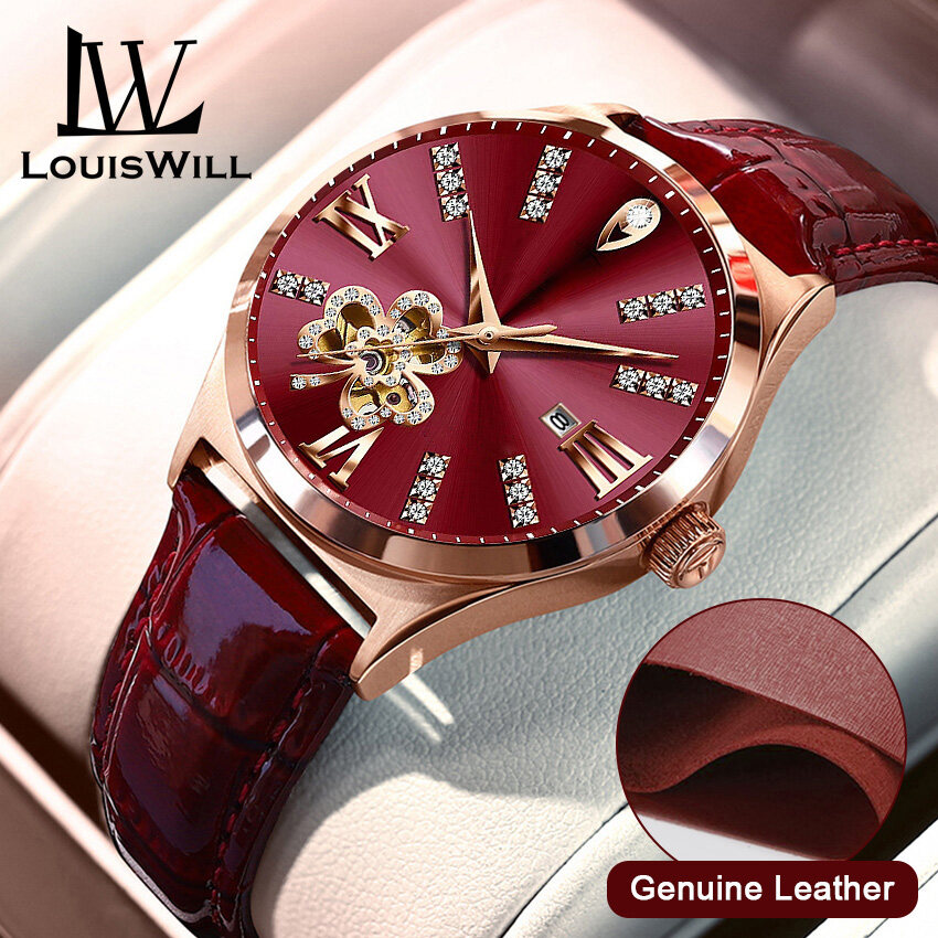 LouisWill jam tangan perempuan Genuine Leather Watch Women's Fashion Watch Clover Dial Inlaid With Diamond 30M Waterproof Watch With Calendar Quartz Watch Belt Watch Wristwatch for Women Ladies watche