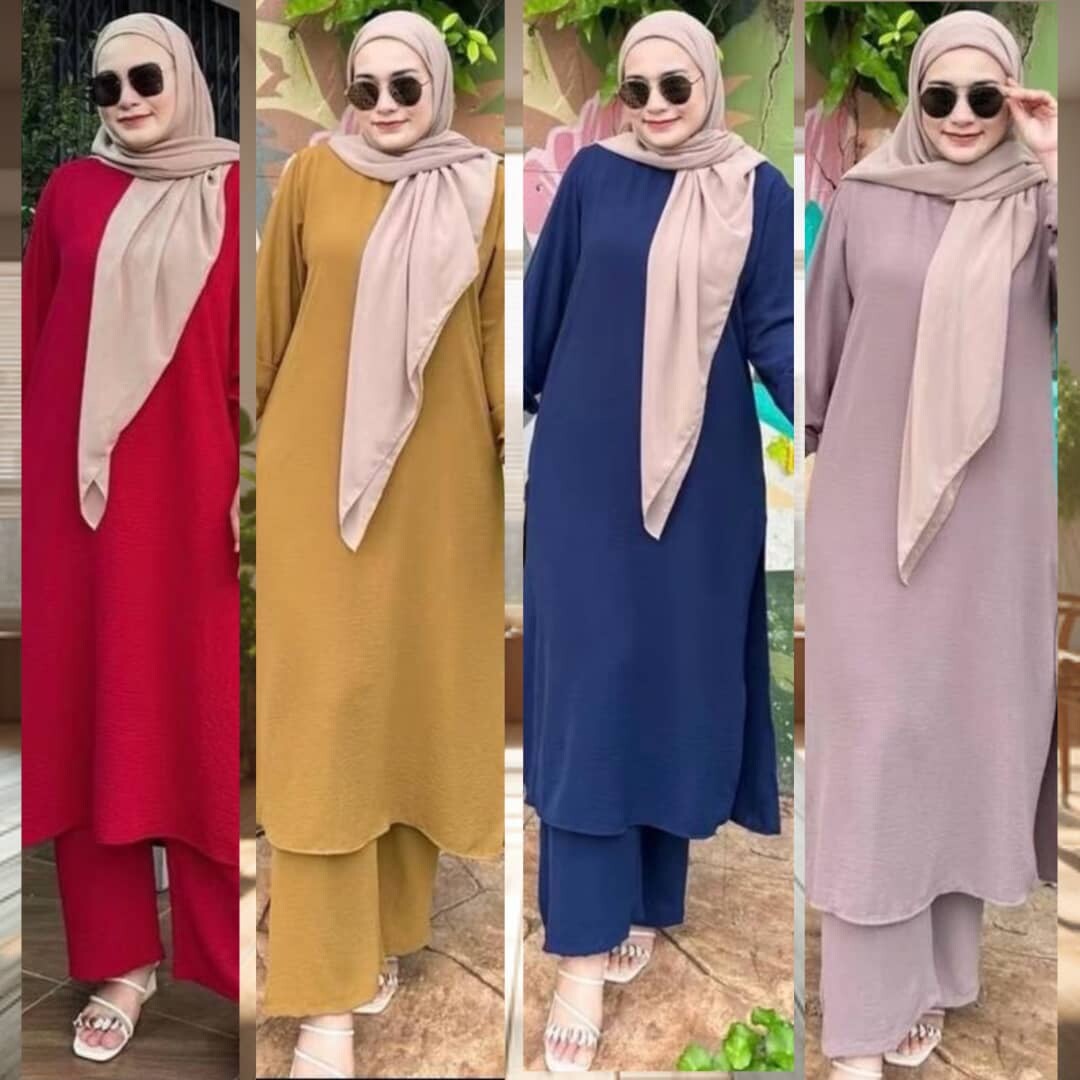 Bella Muslimah Poket Baju Labuh dan Seluar long suit set with Poket Ironless new viration murah